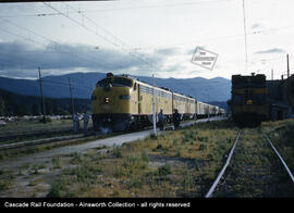 Milwaukee Road EMD 30A and two other diesel locomotives at Cle Elum, Washington, undated.