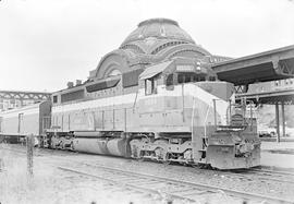 Burlington Northern diesel locomotive 9855 at Tacoma, Washington in 1970.