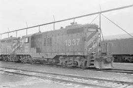 Burlington Northern diesel locomotive 1837 at Parkwater, Washington in 1976.