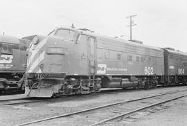 Burlington Northern diesel locomotive 602 at Portland, Oregon in 1976.