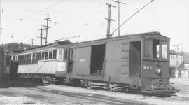 Seattle Municipal Railway Number 445 at the Fremont carbarn, Seattle, Washington, 1940.