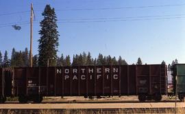 Northern Pacific wood chip car 582517 at Priest River, Idaho, in 1990.