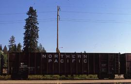 Northern Pacific wood chip car 582599 at Priest River, Idaho, in 1990.