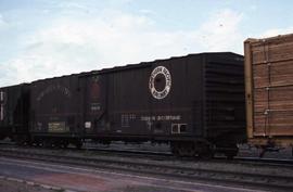 Northern Pacific 50-foot, single plug door refrigerator car 96099 at Las Vagas, New Mexico, in 1984.