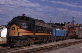 Ex-NP 70000A, Burlington Northern 800 is at the roundhouse w/BN 9708, a GN blue F7A and a GN oran...