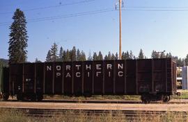 Northern Pacific wood chip car 119853 at Priest River, Idaho, in 1990.