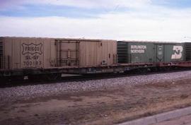 Northern Pacific flat car 66166 at Broomfield, Colorado, in 1990.